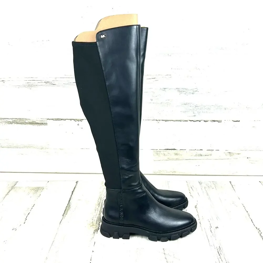 Michael Kors Womens 5 Black Ridley Leather Combat Knee High Boots NEW